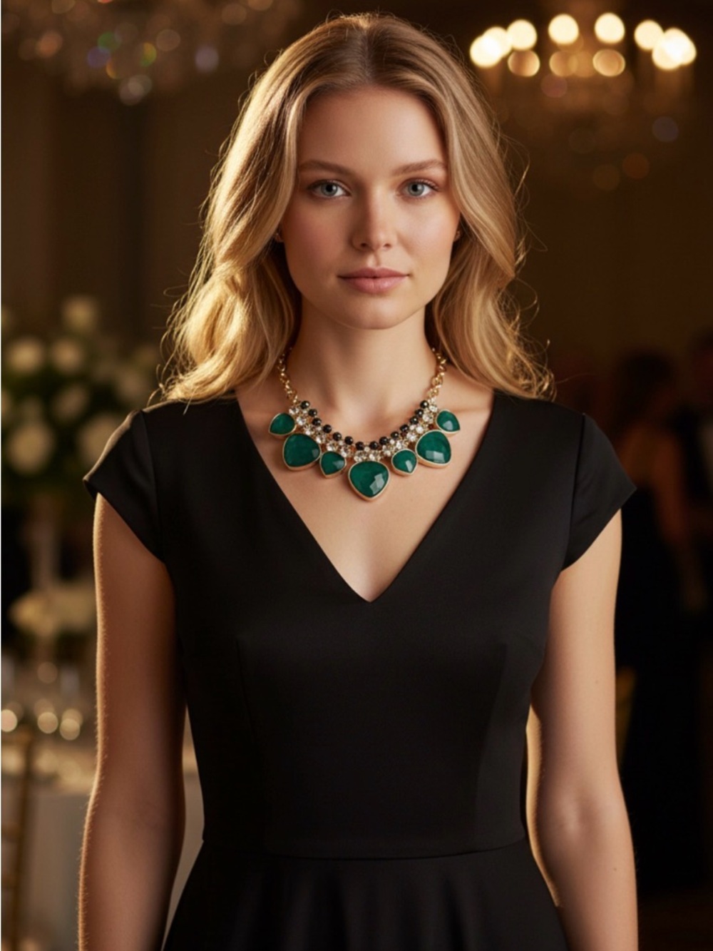 White House Black Market Gold-Tone Necklace with Emerald Green and Black Accents